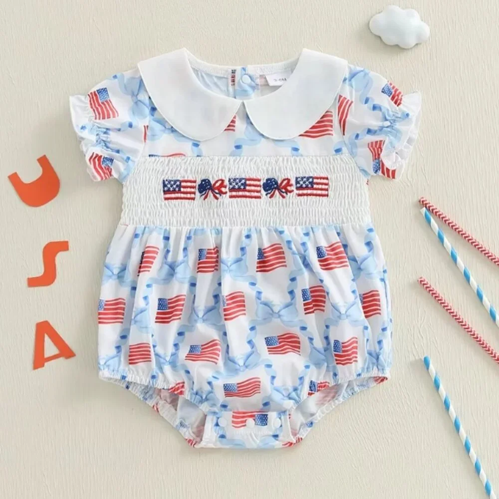 4th of July Baby Girls Embroidered Flag Bow Sleeveless Romper Jumpsuit